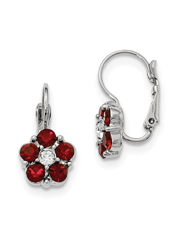 1928 Jewelry Silver-tone Flower Shape Red and Clear Epoxy Stone Leverback Earrings