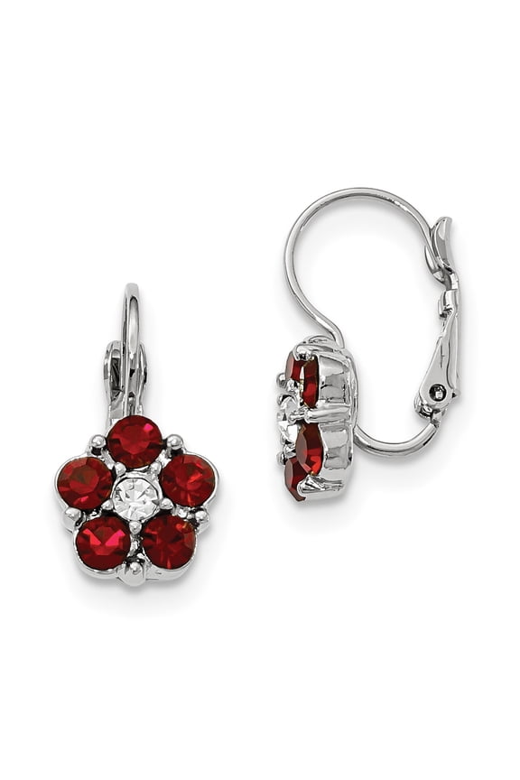 1928 Jewelry Silver-tone Flower Shape Red and Clear Epoxy Stone Leverback Earrings