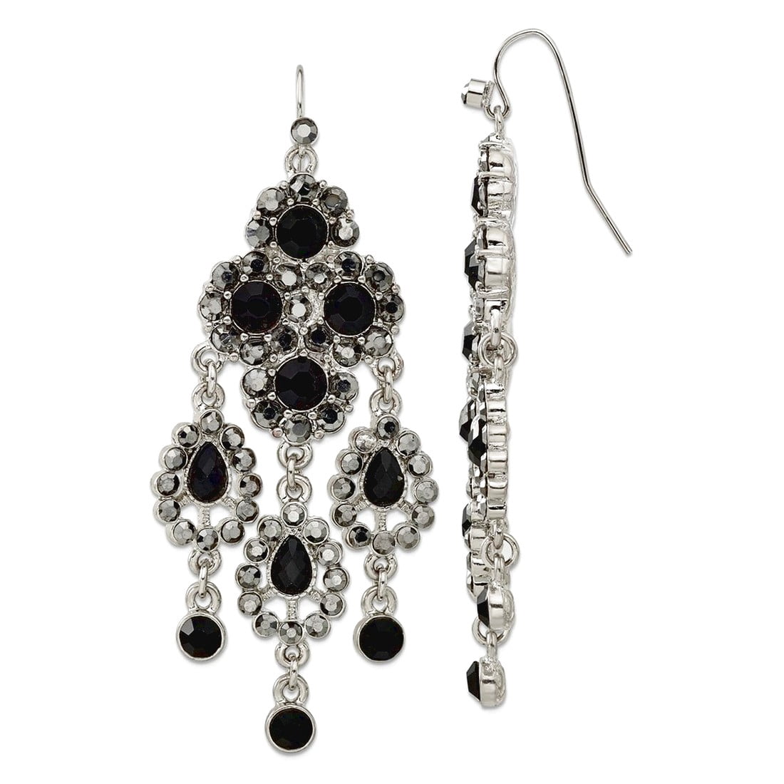 Silver-tone Shepherd hook Black Glass Stones Chandelier Earrings 73x24mm Wide Stud Earring for Women