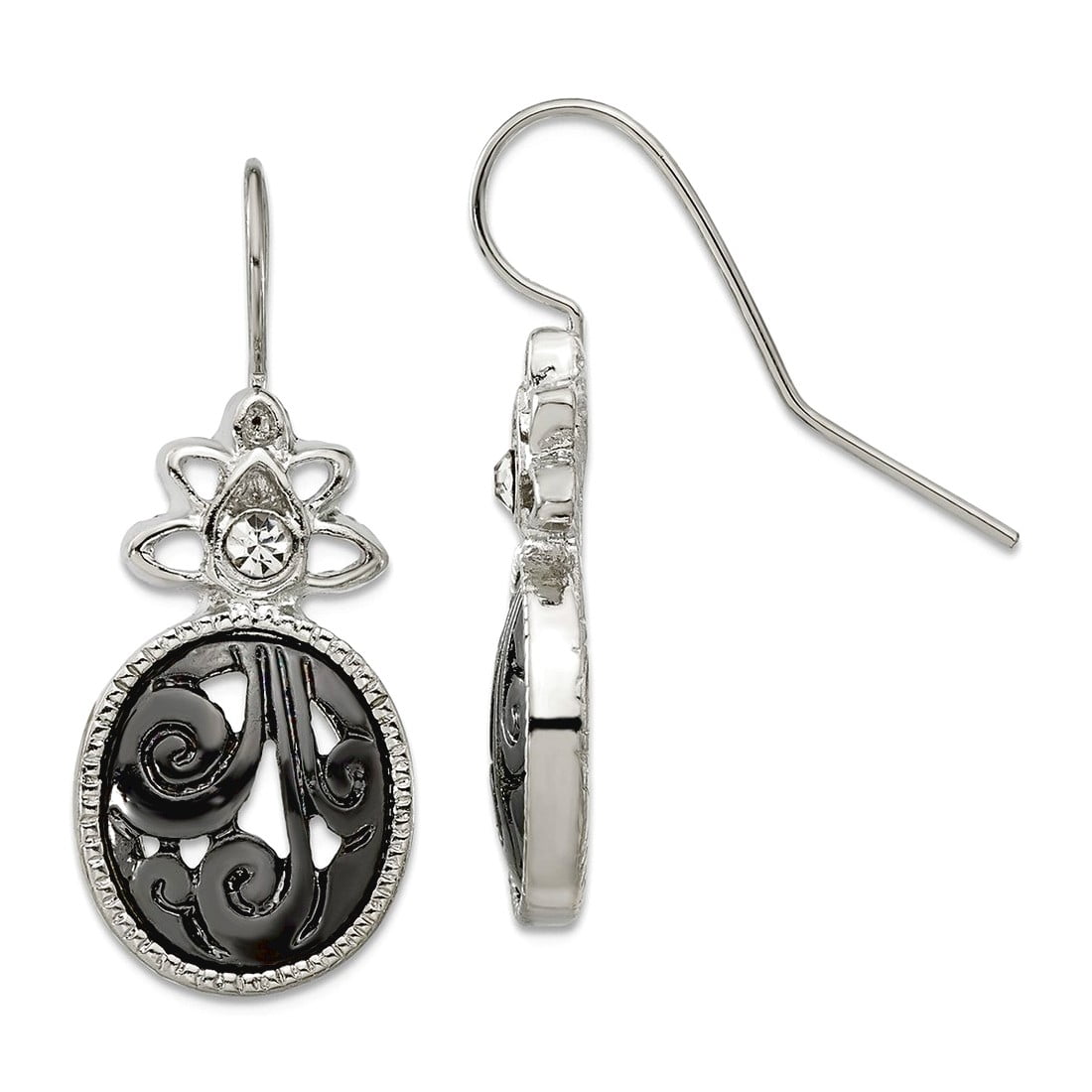 Silver-tone Shepherd hook Clear and Black Crystal Long Drop Dangle Earrings 35x14mm Wide Dangle Earring for Women