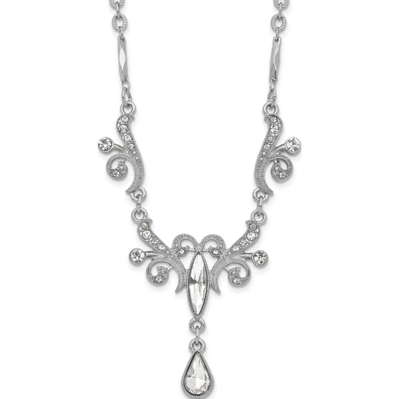Fashion 1928 Silver-Tone Crystals Teardrop 15 In With 3In Ext Necklace (15 X 7.5) Made United States bf354