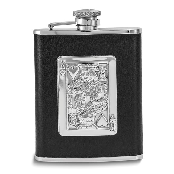 Silver-tone with Black Leather Embossed King of Hearts Design 6 ounce Flask Q-GM20773