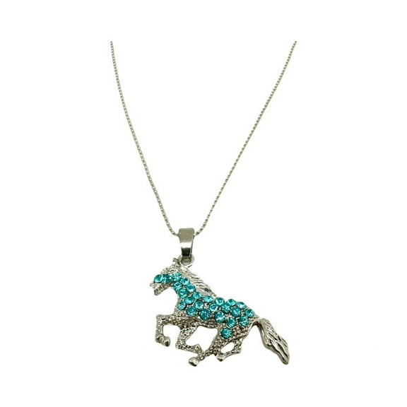 Silver-toned horse pendant necklace with blue sparkling stones