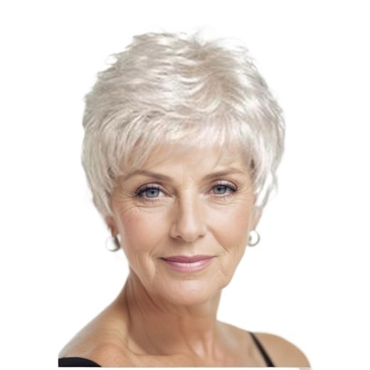 Silver-white short hair wig for elderly women with side-parted bangs and fashionable hairstyle