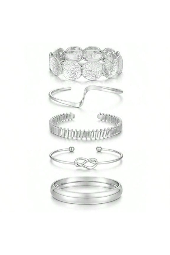 Silver01 Multi-Style Stackable Bangle Bracelet Set 5 Pieces