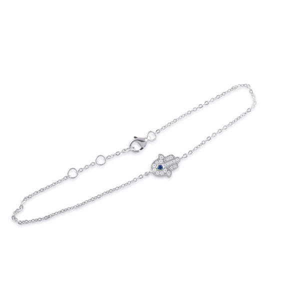 SilverCloseOut Rhodium Plated Sterling Silver Womens Dainty Blue Cz Evil Eye Hand Hamsa Charm Bracelet