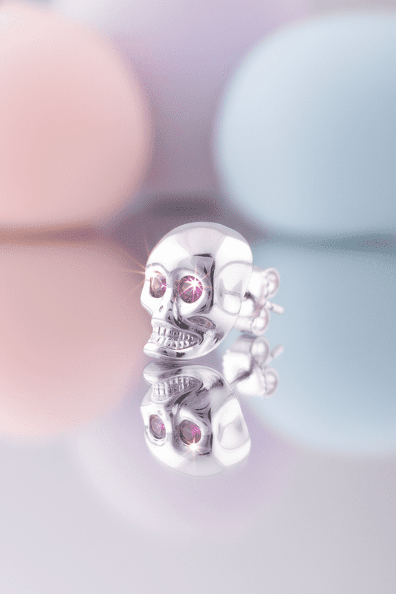 Rhodium Plated Sterling Silver Red Cz Alien Skull Stud Earrings