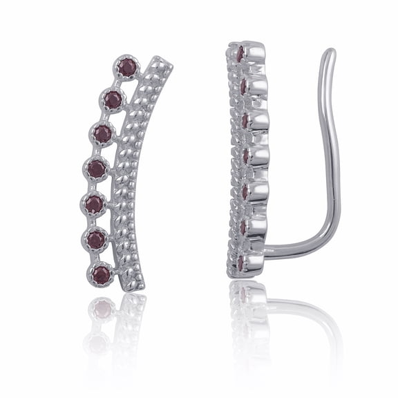 SilverCloseOut Rhodium Plated Sterling Silver Red Cz Double Row Ear Crawler Earrings