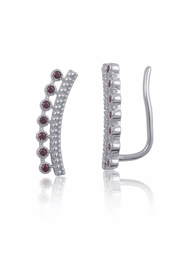 Rhodium Plated Sterling Silver Red Cz Double Row Ear Crawler Earrings
