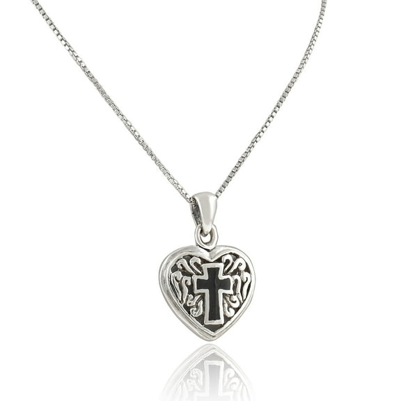 SilverCloseOut Sterling Silver Black Enamel Celtic Cross Heart Charm Necklace for Female Adult Women Teens