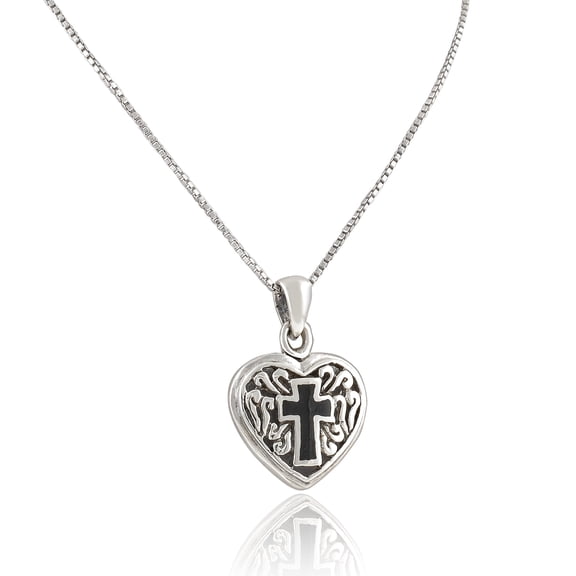 SilverCloseOut 925 Silver Black Enamel Celtic Cross Heart Charm Necklace