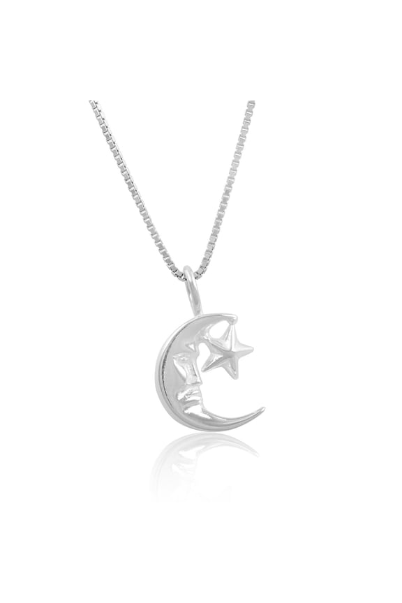Sterling Silver Crescent Moon & Star Necklace, Box Chain