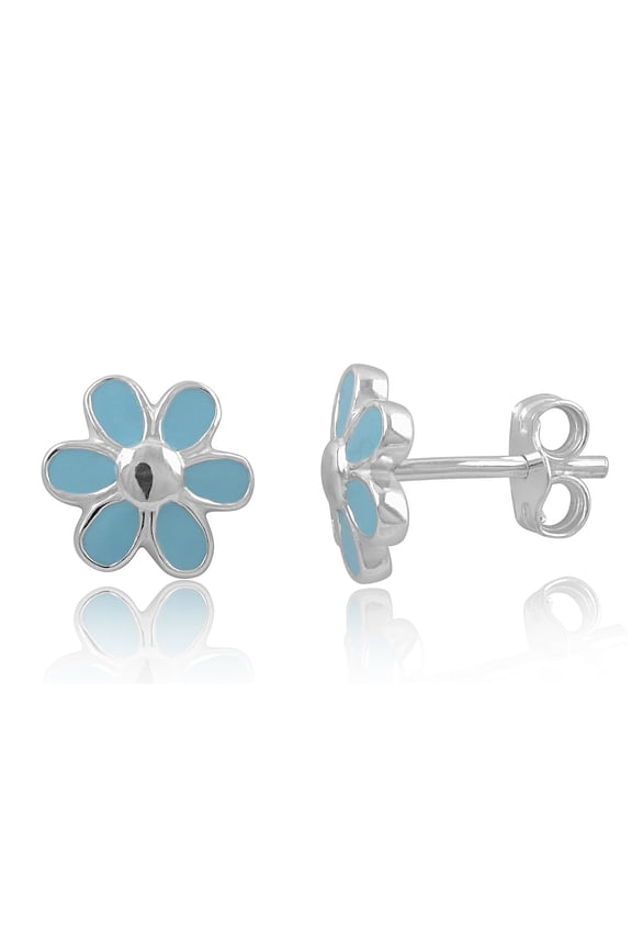 Sterling Silver Light Blue Daisy Flower Stud Earrings for Female Adult Women and Teens - 0.31in