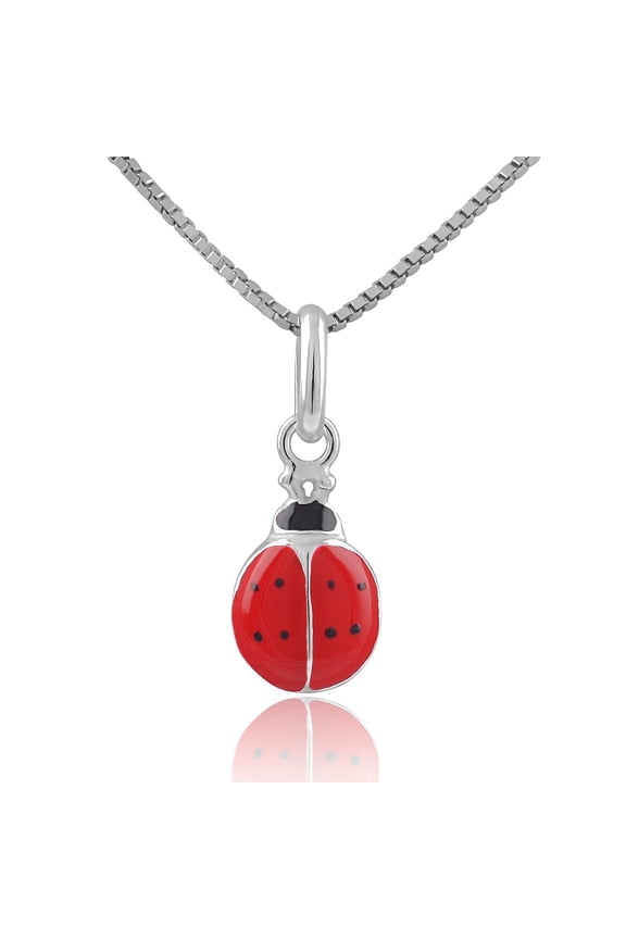 Sterling Silver Red Ladybug Necklace, Box Chain