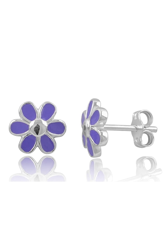 Sterling Silver Teens Purple Daisy Flower Stud Earrings 0.31in
