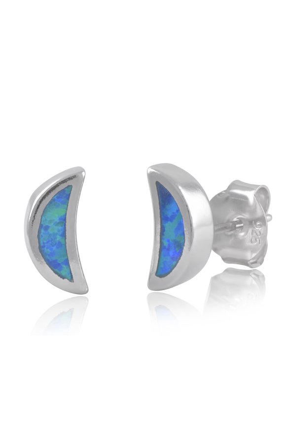 925 Silver,Created Blue Opal Crescent Moon Stud Earrings