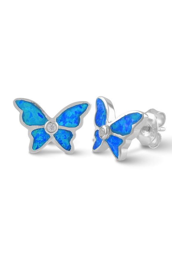 Sterling Silver Created Blue Opal Butterfly Stud Earrings