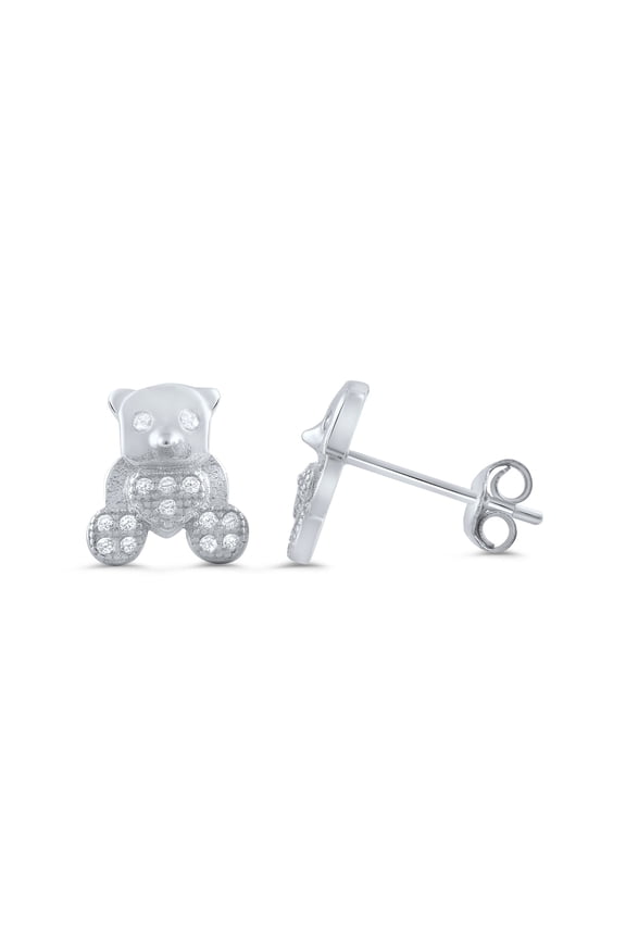 Sterling Silver Womens Cz Dainty Teddy Bear Stud Earrings - 7mm