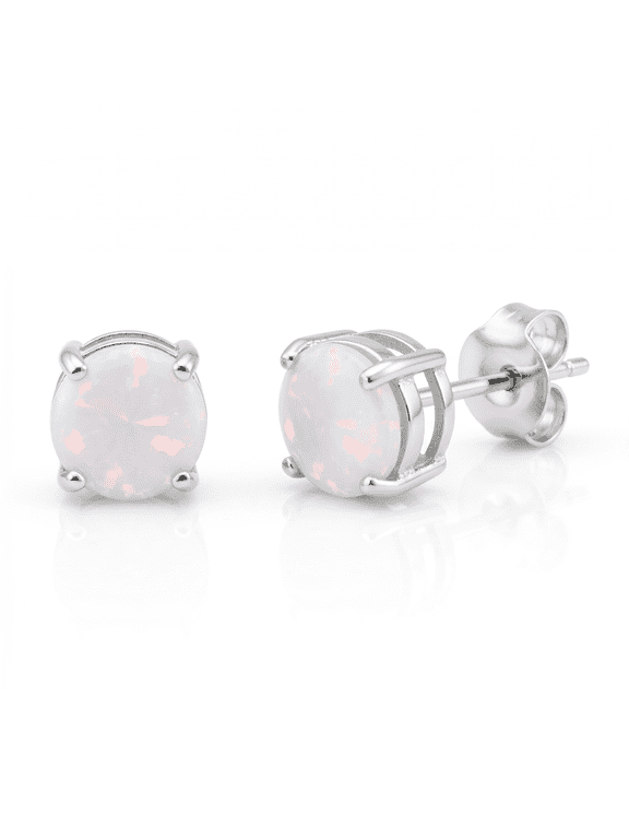 Sterling Silver 7mm White Opal Stud Earrings Sterling Silver Round Cut Earrings for Women