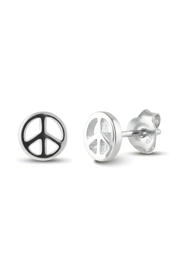 Peace Sign Earrings, Sterling Silver Womens Stud - 6mm