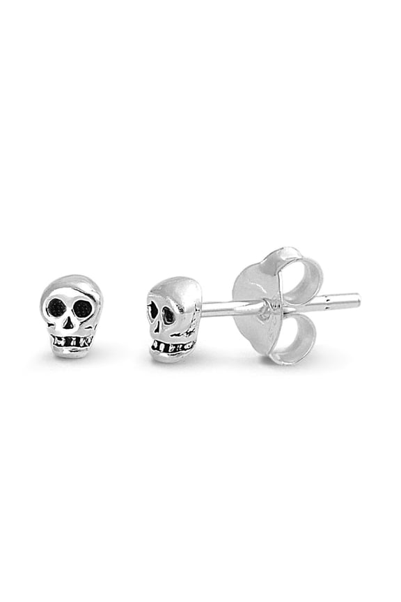 Rhodium Plated Sterling Silver Dainty Skull Stud Earrings for Womens and Teens