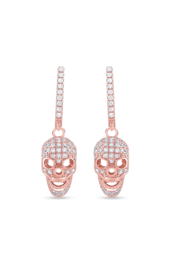 Women's Dangling Cubic Zirconia Skull Earrings, Sterling Silver