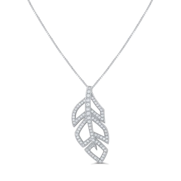 SilverCloseOut Sterling Silver CZ Feather Charm Necklace
