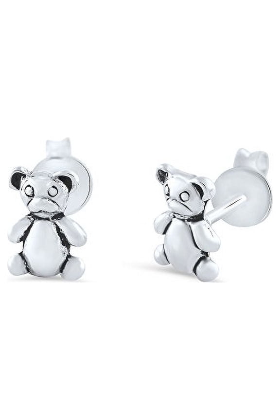 Womens Small Teddy Bear Silver Stud Earrings - 7mm