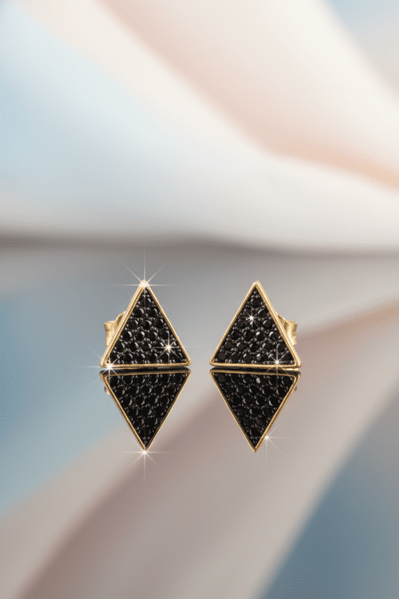 Yellow Gold Plated Sterling Silver Womens Dainty Black Cz Pyramid Triangle Stud Earrings