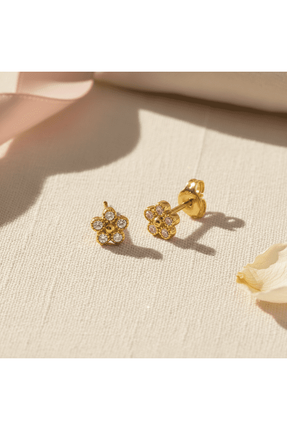 Yellow Gold Plated Sterling Silver Womens Tiny Cz Flower Stud Earrings