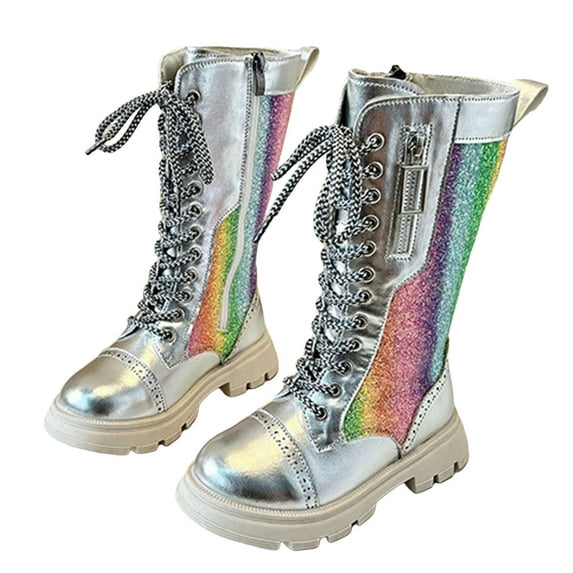 Girls Knee High Lace Up Side Zipper Mid Calf Combat Riding Boots Sparkly Rainbow Winter Boots for Kids Party Christmas Holiday Silver Size 3.5 Big Kids