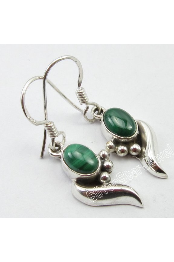 92.5% Pure Silver Collectible Malachite Elegant Worm Earrings 1.3" 3.0 Grams