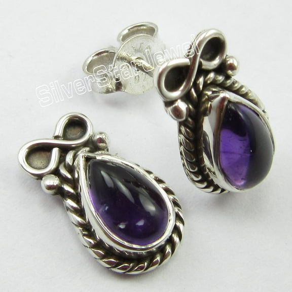 SilverStarJewel 92.5% Pure Silver High End Drop Cab Amethyst Posts Earrings 0.6" 2.7 Grams