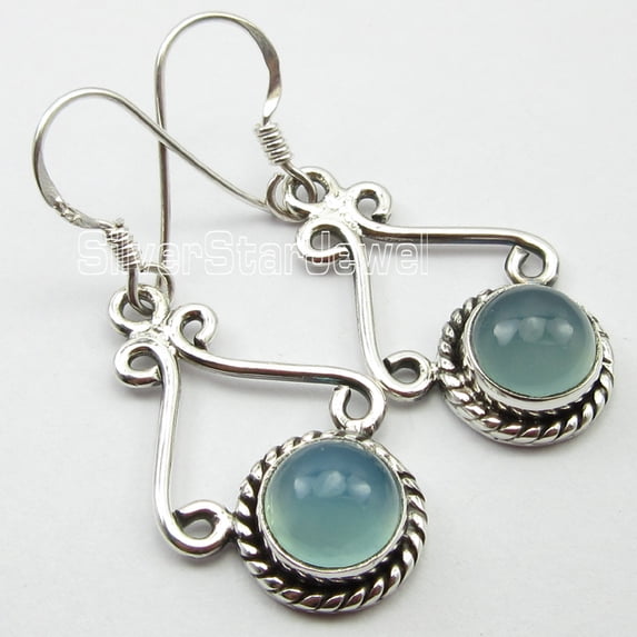 SilverStarJewel 92.5% Pure Silver Jewelry !! Low Price Aqua Chalcedony Art Earrings 1.2 Inch