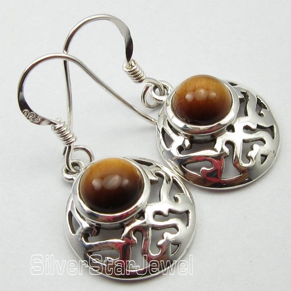 SilverStarJewel 92.5% Solid Silver Celtic Earrings 1.2" 4.3 Grams, High End Tiger's Eye Gems