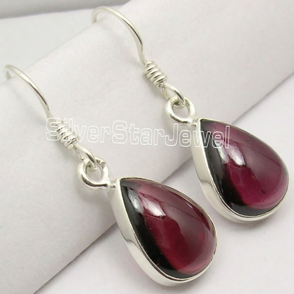 SilverStarJewel 925 Pure Silver Amazing Red Fire Garnet Beautiful Pierced Earrings 1.3"