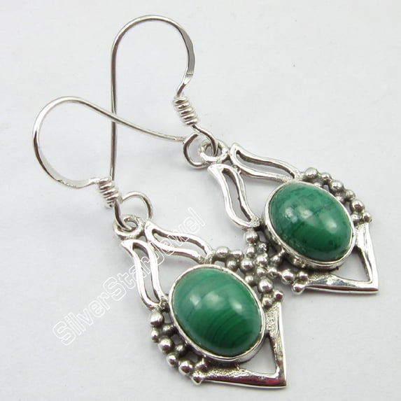 SilverStarJewel 925 Pure Silver Beautiful Malachite Gemset Vintage Style Earrings 1.4" Ethnic