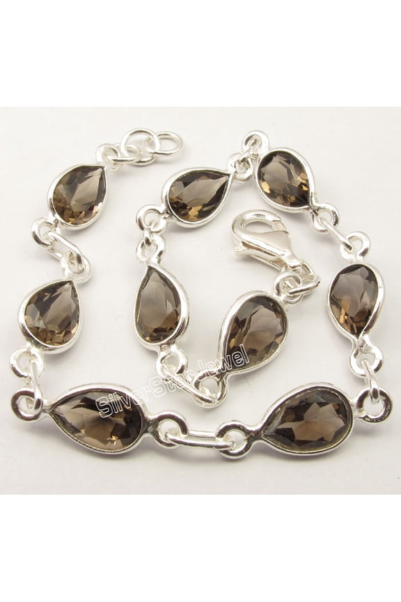 925 Pure Silver Brown Smoky Quartz Cut Stones Bracelet 8.3" Adjustable