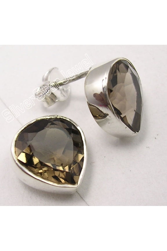 925 Pure Silver Brown Smoky Quartz Heart Studs Post Earrings 0.4" Astonishing