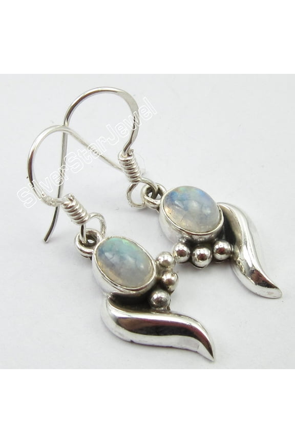 925 Pure Silver Collectible Rainbow Moonstone Well Made Worm Earrings 1.3"