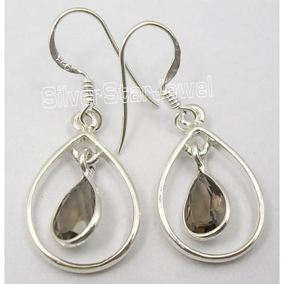 SilverStarJewel 925 Pure Silver Drop Cut Smoky Quartz Artisan Birthday Gift Earrings 3.6 CM