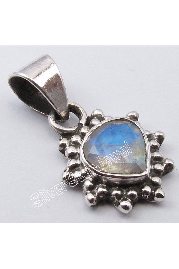 925 Pure Silver Drop Rainbow Moonstone Heart Shape Tibetan Pandant 0.8"