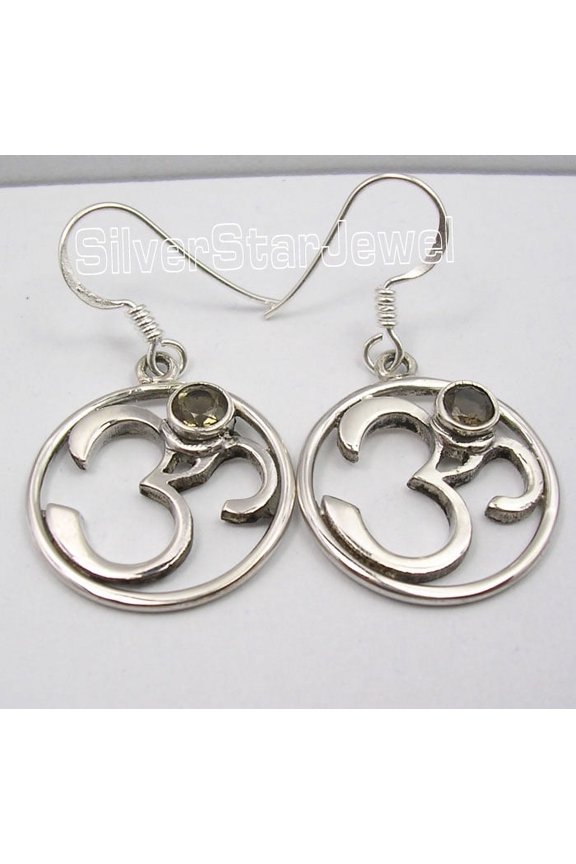 925 Pure Silver Fabulous Smoky Quartz Handmade Ohm Om Delicate Earrings 1.5"