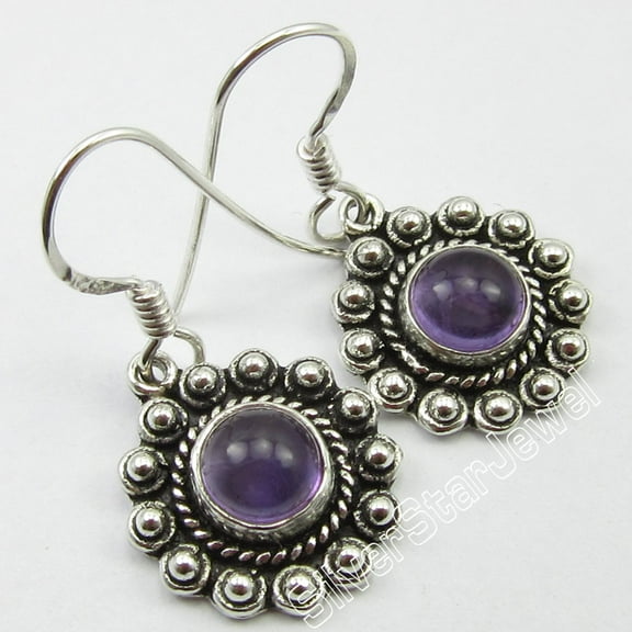 SilverStarJewel 925 Pure Silver Handwork Tribal Earrings, Rare Amethyst Gemstone Jewelry 3.1 CM