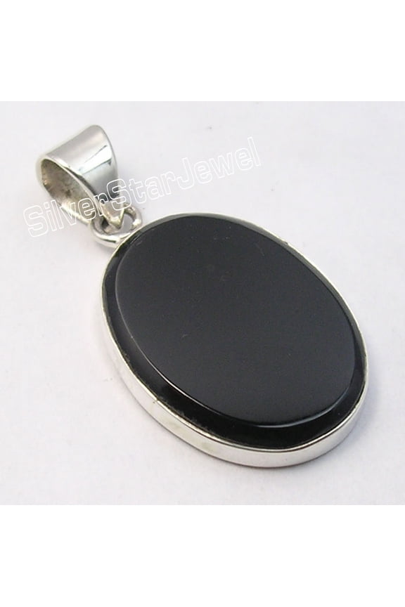 925 Pure Silver Hot Selling Flat Black Onyx Gemstone Traditional Pendant 1.2"