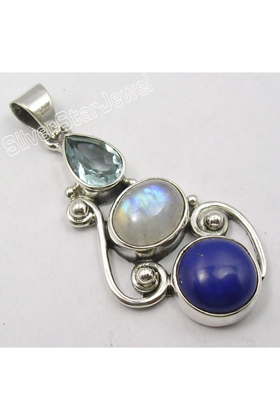 925 Pure Silver Lapis Lazuli & Other 2 Beautiful Stones Pendant 4.1 CM 5.7 Grams