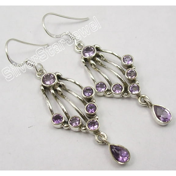SilverStarJewel 925 Pure Silver Low Price Amethyst Multi Gem Handwork Earrings 2" 5.6 Grams