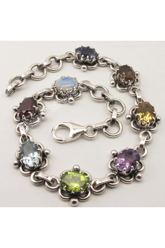 925 Pure Silver Multistones Claw Setting Ethnic Adjustable Bracelet 7 3/4"