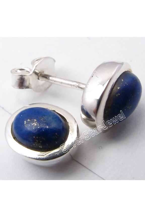 925 Pure Silver Navy Blue Lapis Lazuli 5x7 Mm Oval Unisex Stud Earrings 0.4 Inch