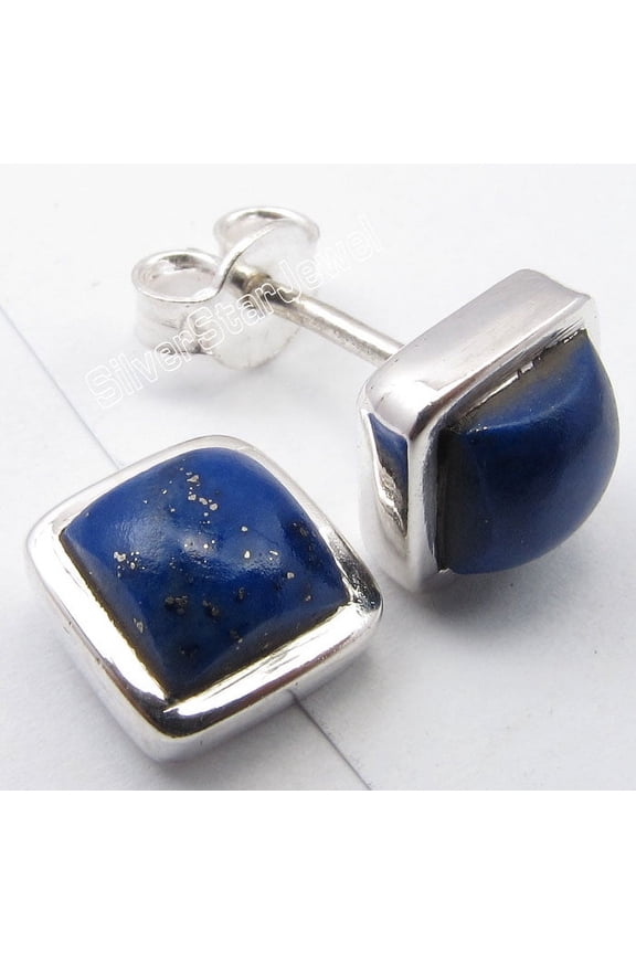 925 Pure Silver Navy Blue Lapis Lazuli Jewel Studs Earrings 1/4 Inches Bijoux